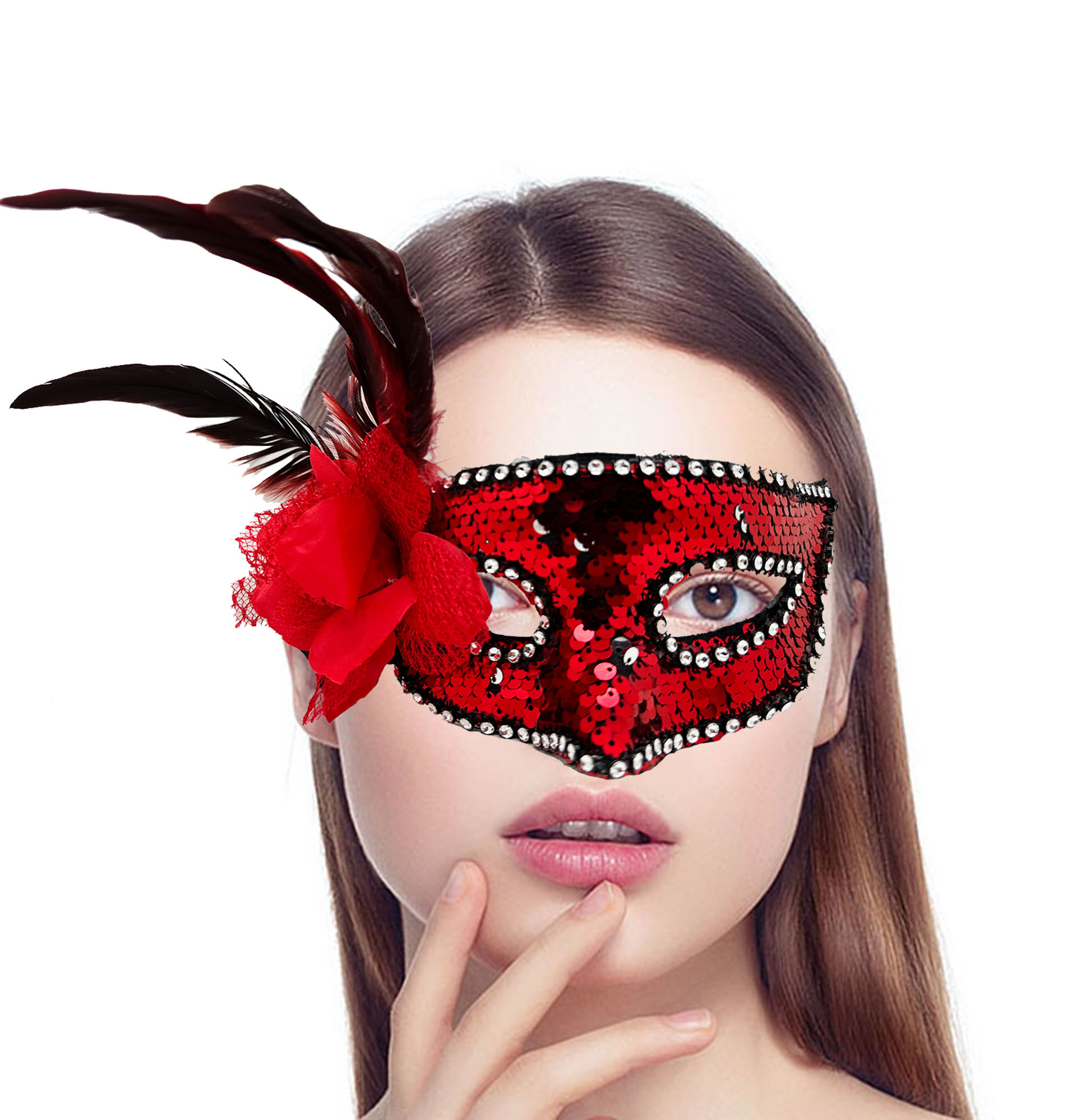 Kırmızı Renk Yandan Tüylü Güllü Gümüş Taşlı Pullu Maske 20x22 cm (CLZ)