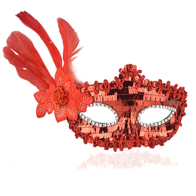 Kırmızı Payetli Pullu Kırmızı Renk Yandan Tüylü Parti Maskesi 18x22 cm (CLZ)