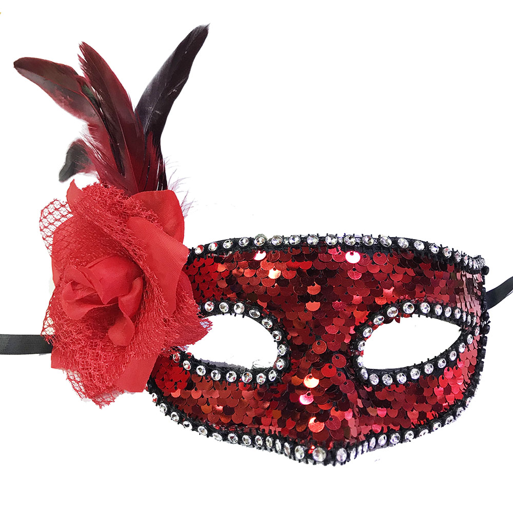 Kırmızı Renk Yandan Tüylü Pullu Yılbaşı Parti Maskesi (CLZ)