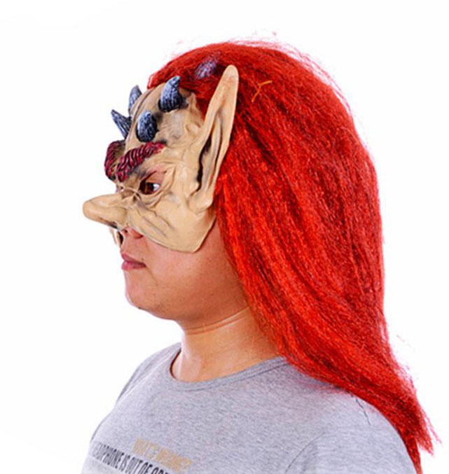 Kırmızı Saçlı Yarım Surat Boynuzlu Lateks Asteriks Viking Hobbit Maskesi (CLZ)
