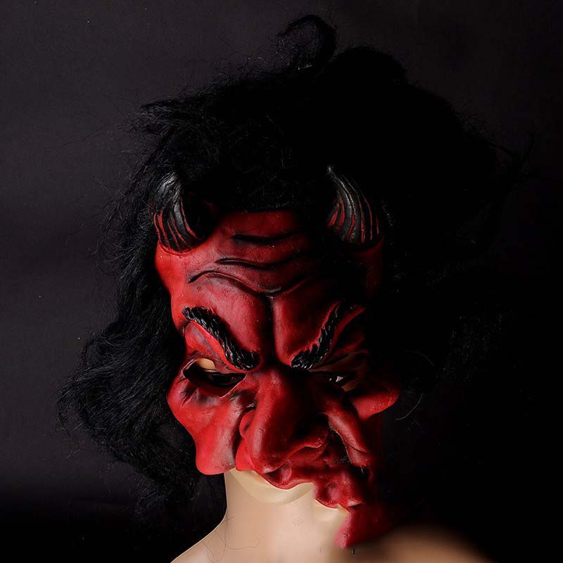 Lateks Korku Maskesi Şeytan Boynuzlu Kırmızı Maske Saçlı (CLZ)