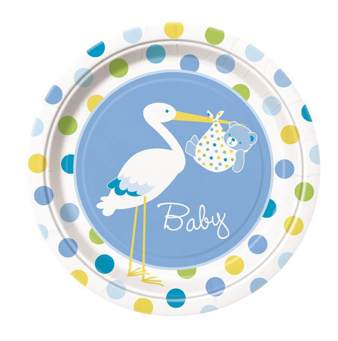 Leylek Temalı Mavi Renk Erkek Baby Boy Stork Baby Shower Parti Tabağı 8 Adet (CLZ)