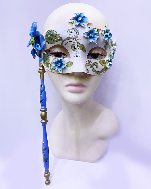 Mavi Renk Çiçek İşlemeli Tutmalı Venedik Göz Maskesi 33x17 cm (CLZ)