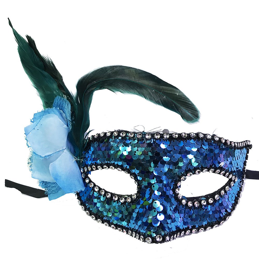 Mavi Renk Yandan Tüylü Pullu Yılbaşı Parti Maskesi (CLZ)