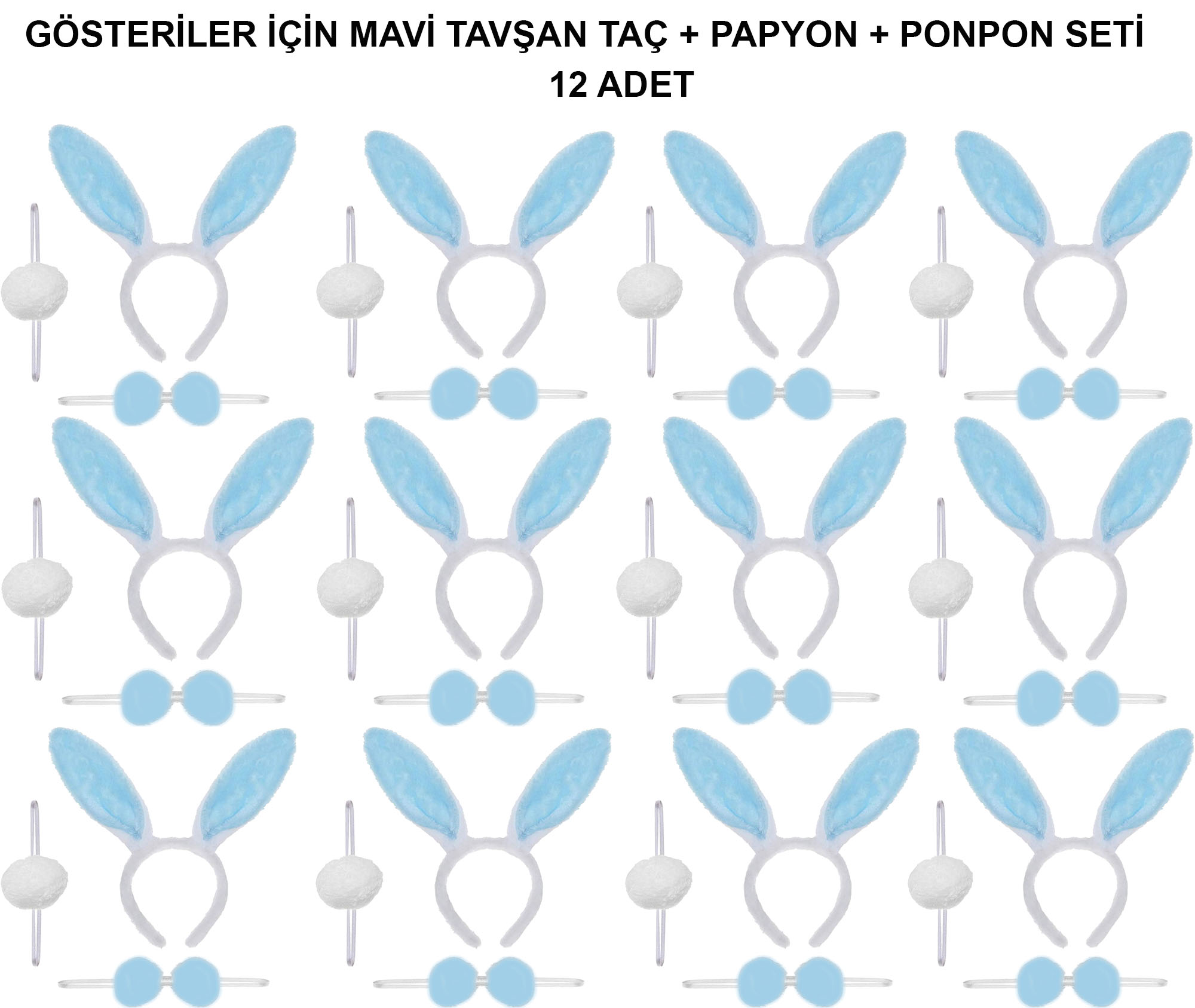 Mavi Tavşan Kostüm Seti – Taç, Papyon, Ponpon (12’li Paket)