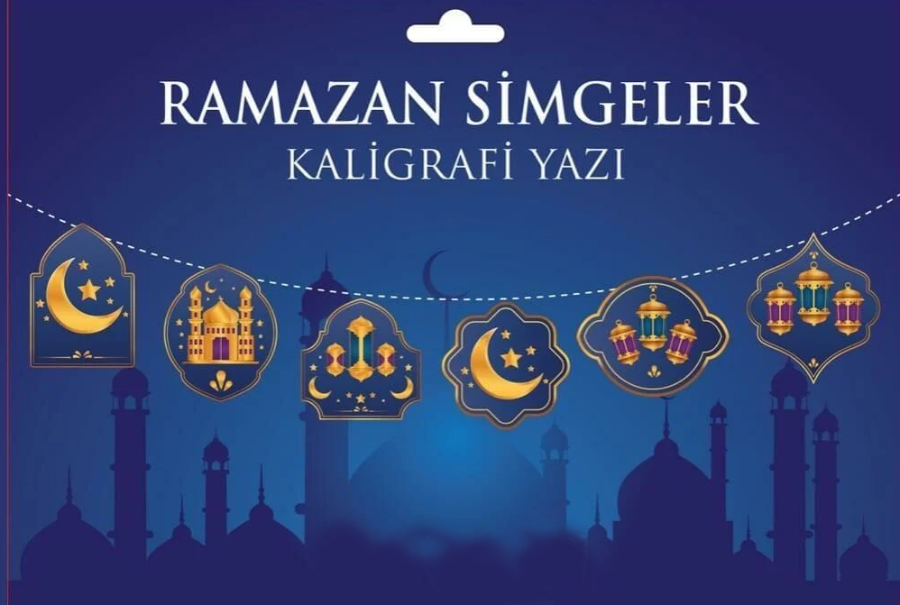 Mavi Üzeri Altın Renk Ramazan Koreografi Simgeler Banner Afiş 21x150 cm (CLZ)