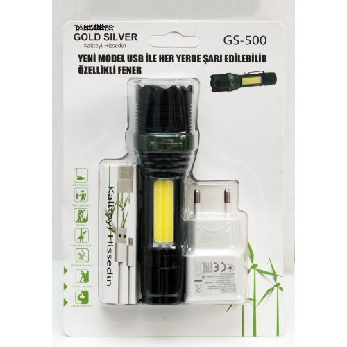 Metal El Feneri USB Şarjlı 4 Kademeli Zoomlu GS 500 Metal El Feneri USB Şarjlı 4 Kademeli Zoomlu GS 500