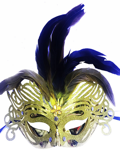 Metalize Altın Renk Tüylü Lüks Venedik Parti Balo Maskesi  (CLZ)