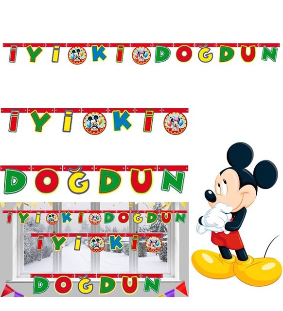 Mickey Mouse Temalı Rengarenk İyiki Doğdun Yazılı Flama Bayrak Süsleme 2 Metre (CLZ)