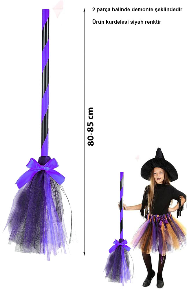 Mor Cadı Süpürgesi - Halloween Siyah Fiyonklu Tüllü Cadı Süpürgesi 80-85 cm (CLZ)