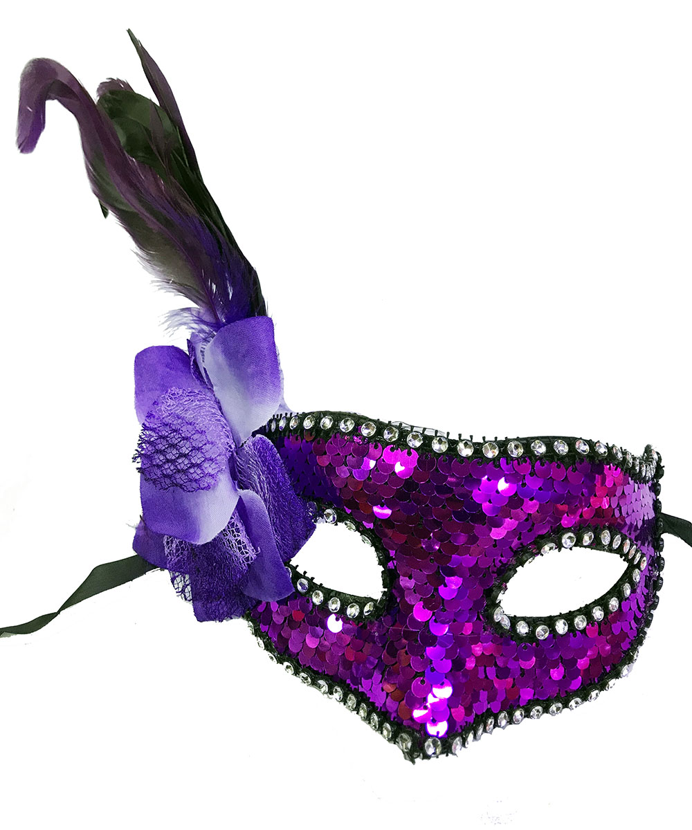 Mor Renk Yandan Tüylü Pullu Yılbaşı Parti Maskesi (CLZ)