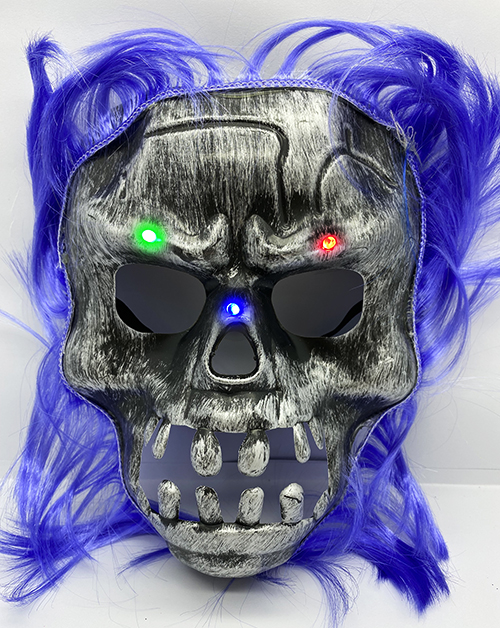 Mor Saçlı Led Işıklı Kuru Kafa İskelet Korku Maskesi 22x25 cm (CLZ)