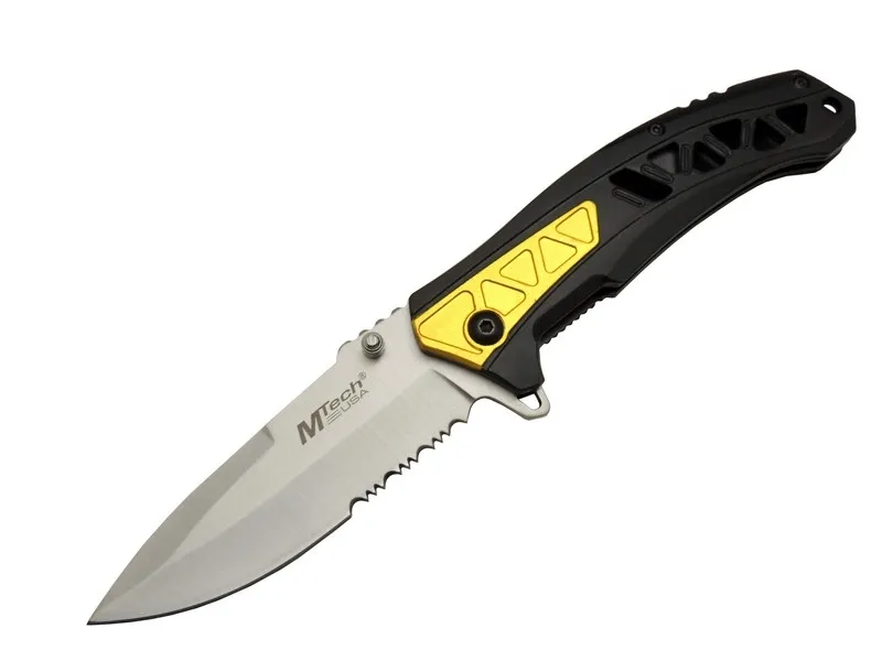 Mtech 4191 Sarı Kamp Çakı 21cm - Yarı Otomatik, Kemerlikli, Testere Detaylı, Desenli Sap Mtech 4191 Sarı Kamp Çakı 21cm - Yarı Otomatik, Kemerlikli, Testere Detaylı, Desenli Sap