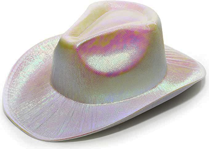 Neon Hologramlı Kovboy Model Parti Şapkası Beyaz Yetişkin 39X36X14 cm (CLZ)