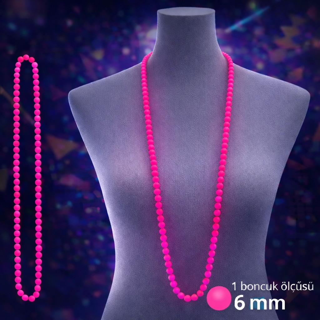 Neon Pembe Boncuk Kolye 80 cm – Retro 80’ler 90’lar Parti Aksesuarı