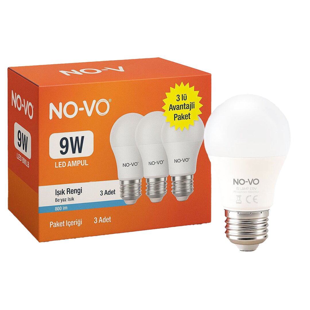 NO-VO 3LÜ AVANTAJ PAKET 9W BEYAZ LED AMPUL E27 806LM 6500K 15.000 SAAT ÖMÜR NO-VO 3LÜ AVANTAJ PAKET 9W BEYAZ LED AMPUL E27 806LM 6500K 15.000 SAAT ÖMÜR