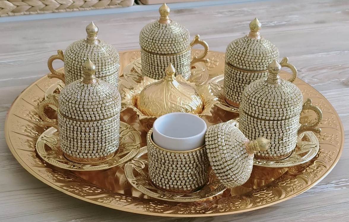 CLZ174 Osmanlı Motifli 6 Kişilik Türk Kahve Seti - Sarı Beyaz Taşlı