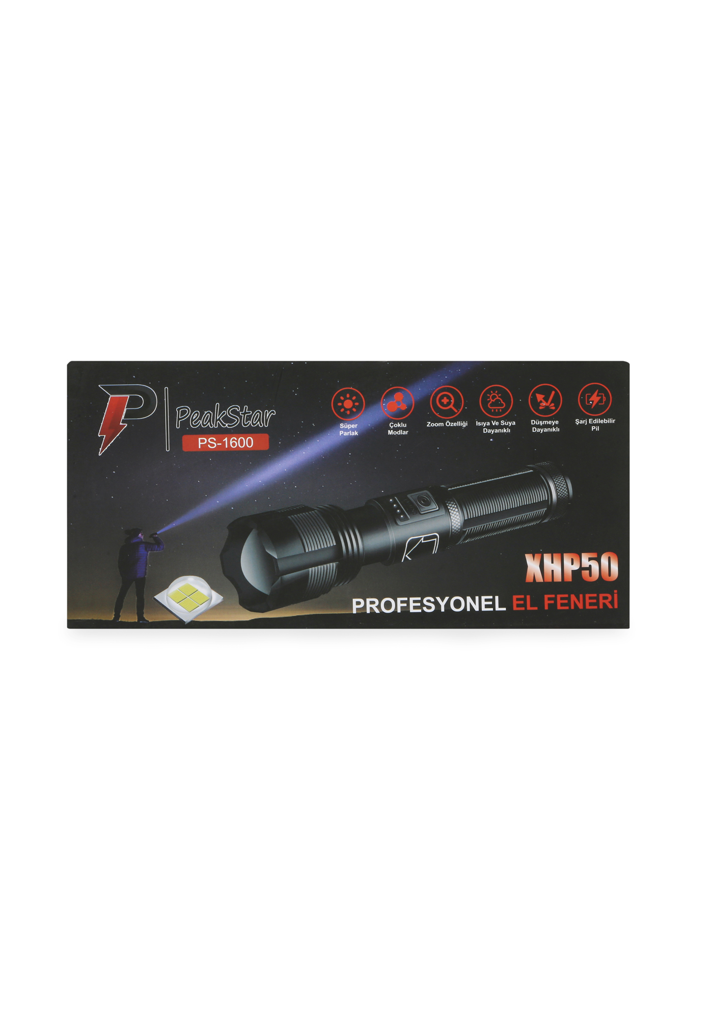 PeakStar Ps-1600 Süper Parlak Led Zoomlu 5 Mod Su Geçirmez Profesyonel Kamp Bekçi Avcı Feneri