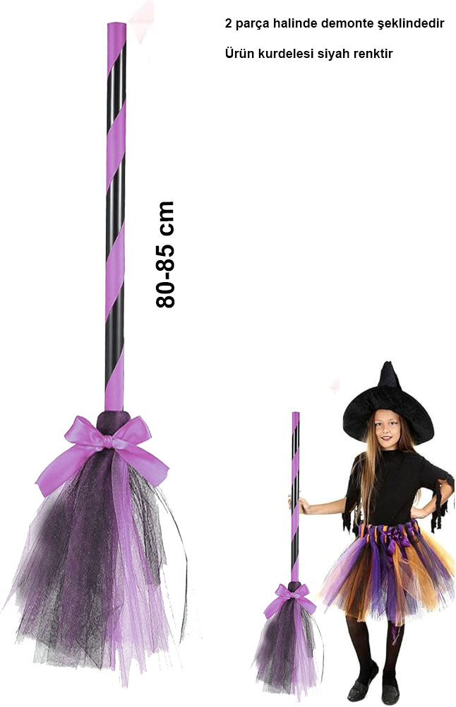 Pembe Cadı Süpürgesi - Halloween Siyah Fiyonklu Tüllü Cadı Süpürgesi 80-85 cm (CLZ)