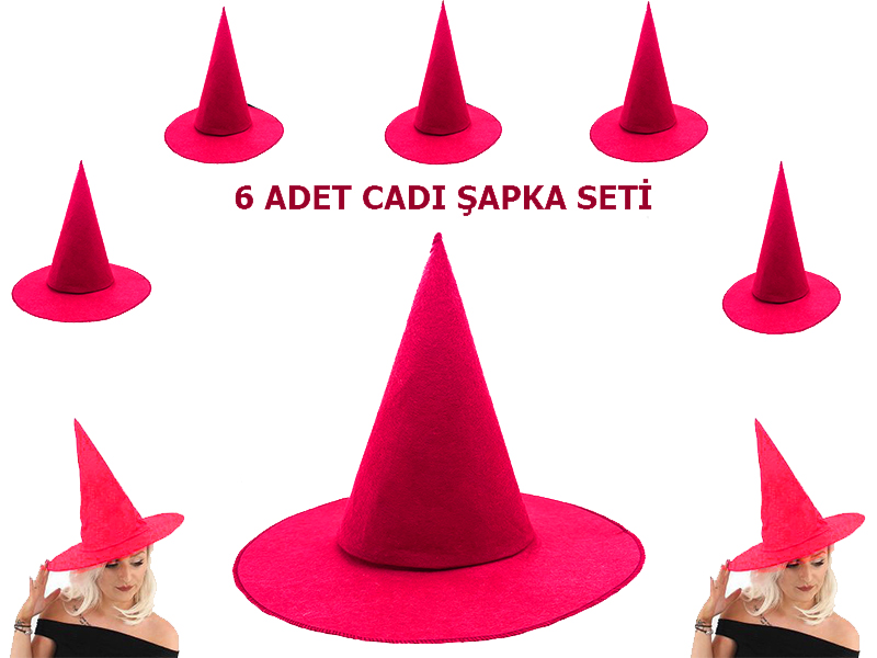 Pembe Fuşya Renk Keçe Cadı Şapkası Yetişkin Çocuk Uyumlu 6 Adet (CLZ)