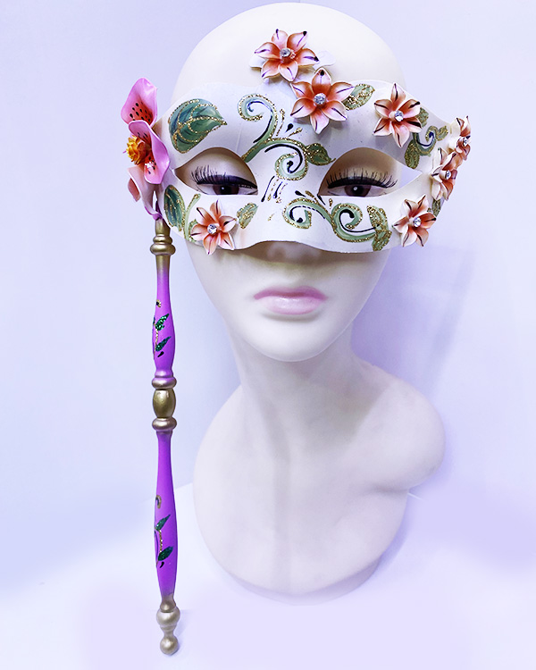 Pembe Renk Çiçek İşlemeli Tutmalı Venedik Göz Maskesi 33x17 cm (CLZ)