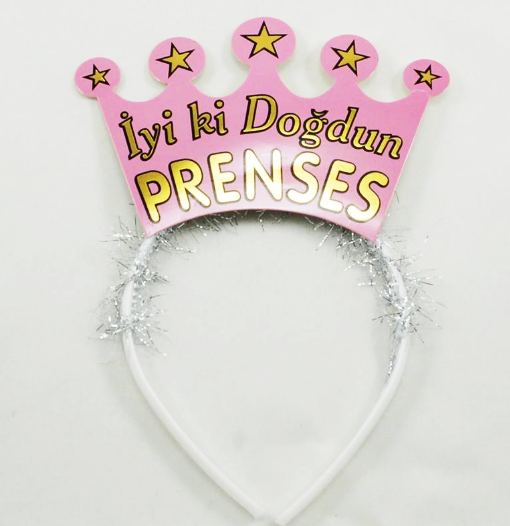 Pembe Renk İyiki Doğdun Prenses Yazılı Sim Süslü Parti Tacı (CLZ)
