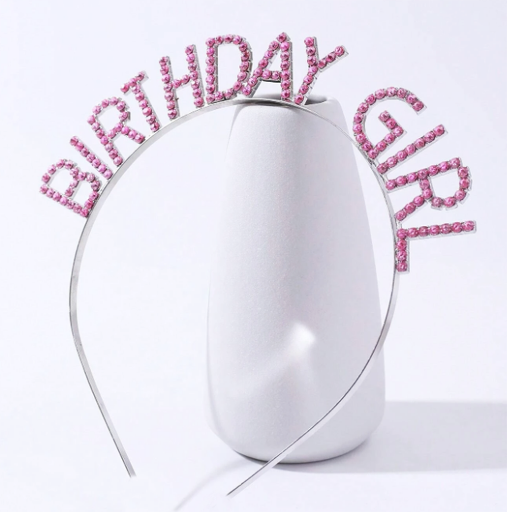 Pembe Renk Kristal Taşlı Parlak Birthday Girl Yazılı Taç 16x17 cm (CLZ)