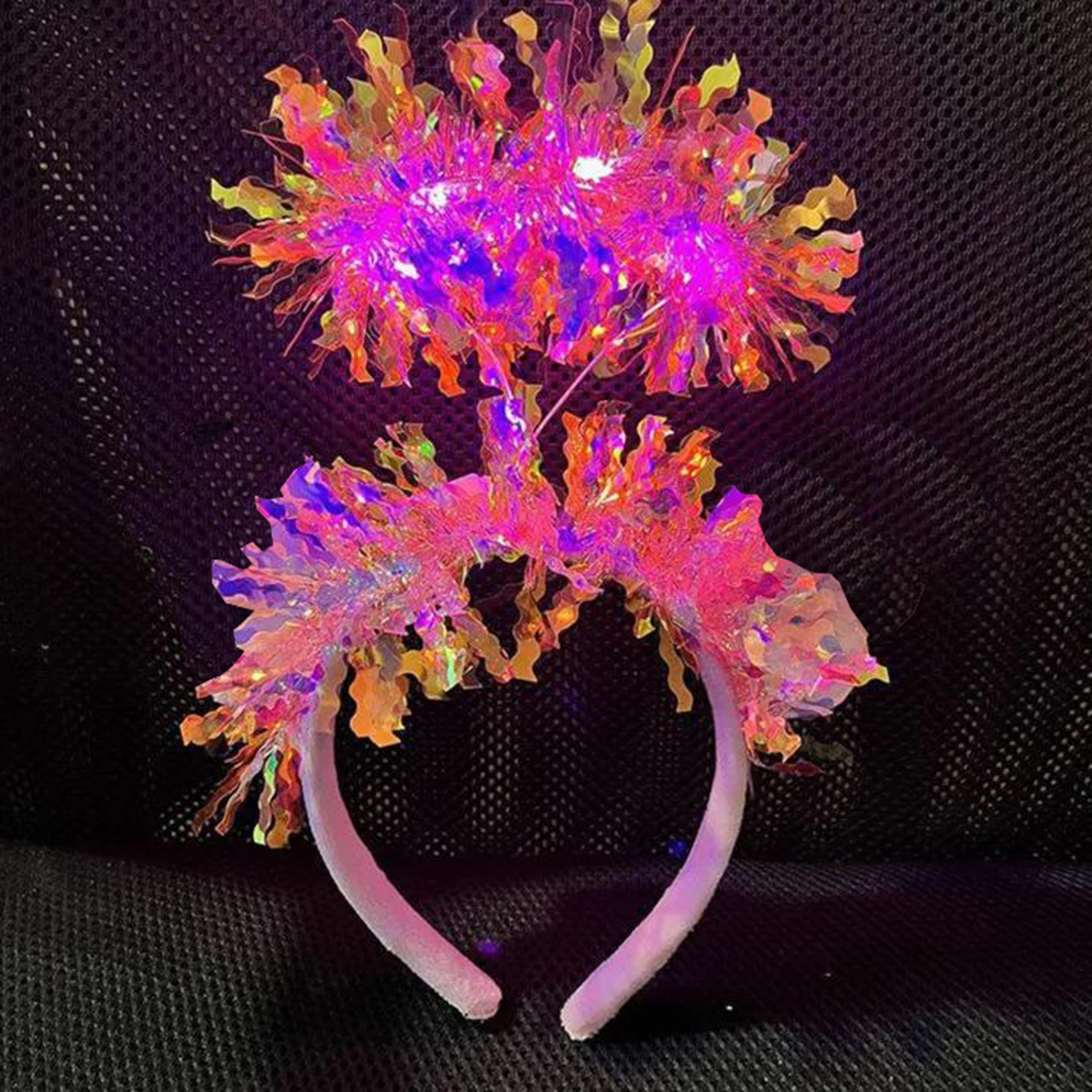 Pembe Renk Pembe Işıltılı Püsküllü Led Işıklı Parlak Hologramlı Taç 25x12 cm (CLZ)