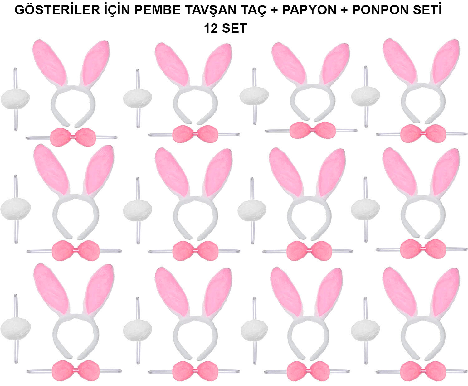 Pembe Tavşan Kostüm Seti – Taç, Papyon, Ponpon (12’li Paket) Pembe Tavşan Kostüm Seti – Taç, Papyon, Ponpon (12’li Paket)