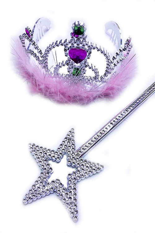 Pembe Tüylü Metalize Kalp Taşlı Prenses Tacı ve Prenses Yıldız Asa (CLZ)