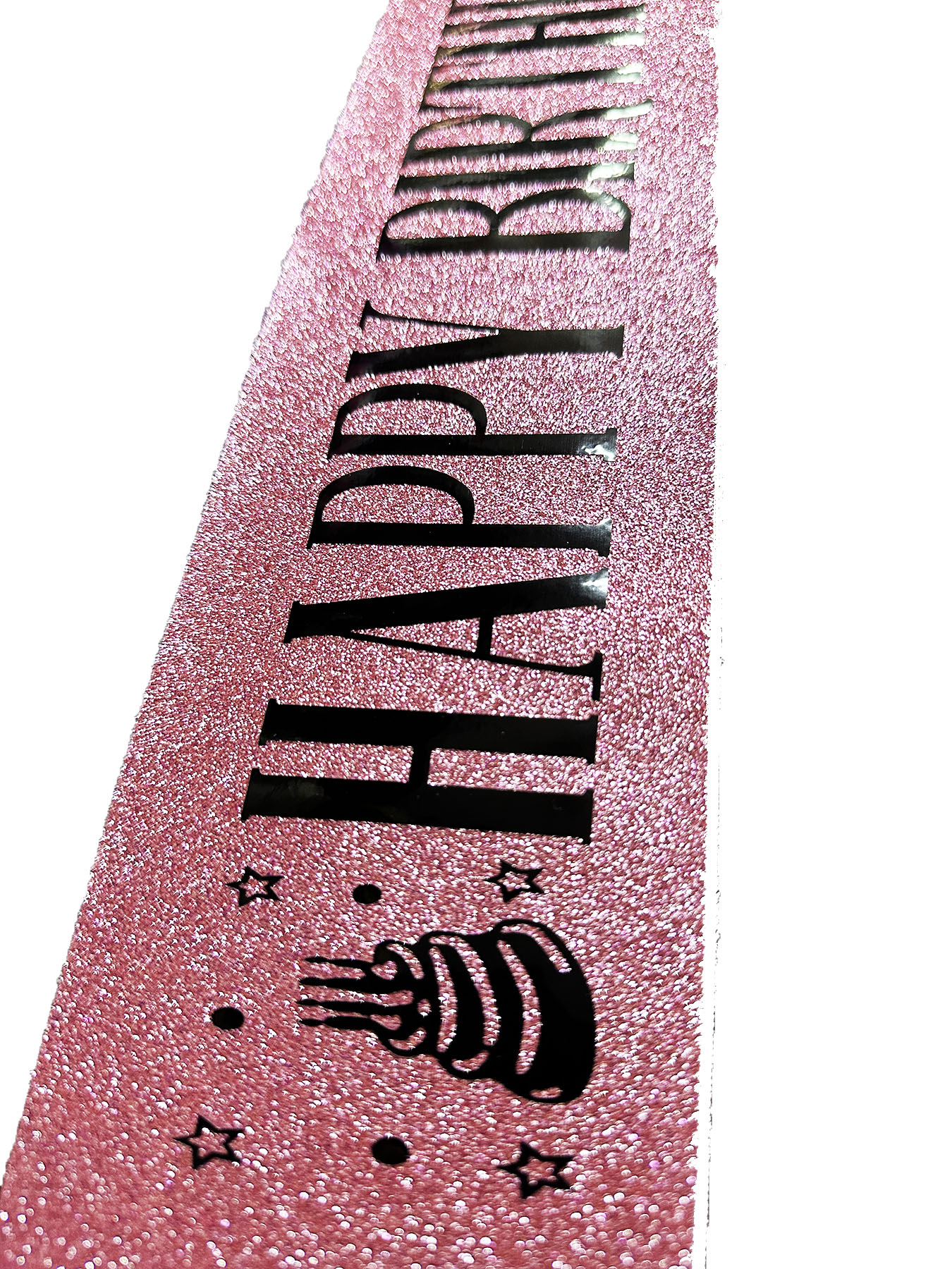 Pembe Üzeri Siyah Büyük Happy Birthday Yazılı Simli Işıltılı Kuşak Kemer 10 cm Genişlik (CLZ)