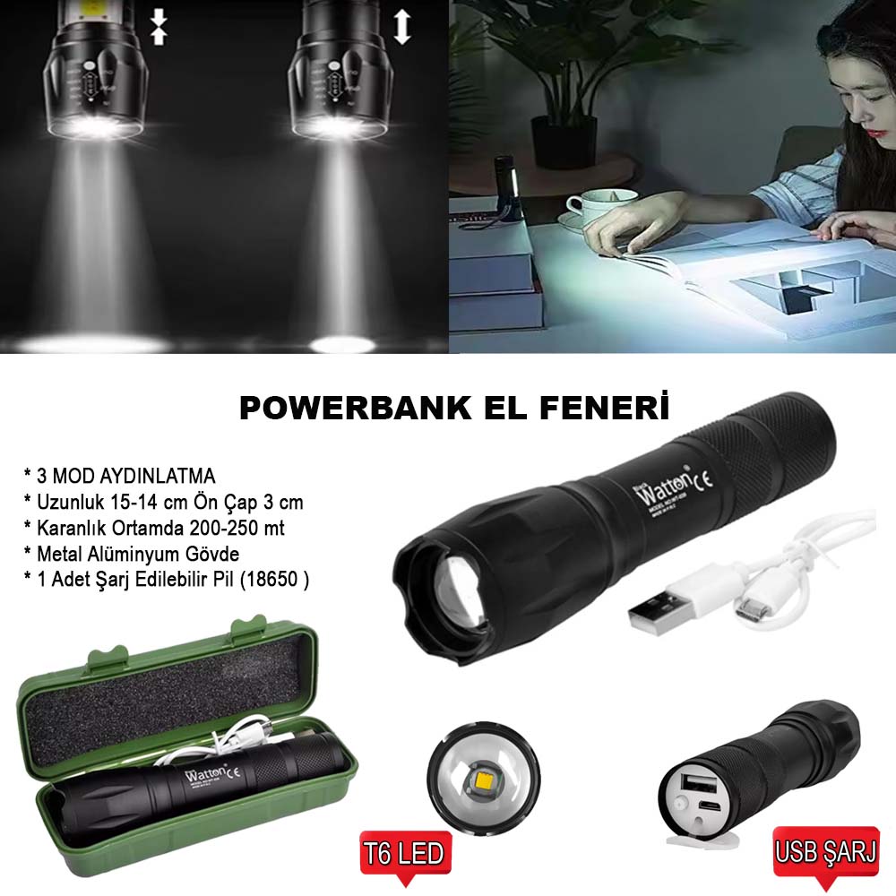 Powerbank Özellikli Uzun Menzilli EL Feneri Wt-039