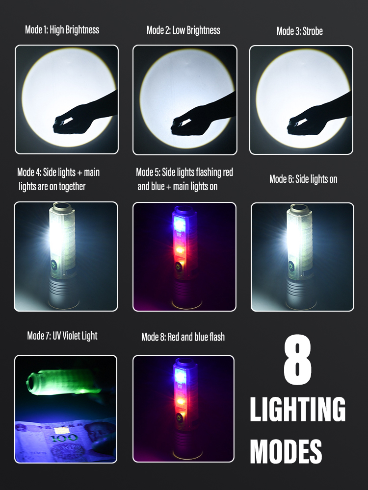 Profesyonel TG LED Güçlü 8 Modlu Type-C 1000 Lümen Polis Çakarlı Şarjlı El Feneri