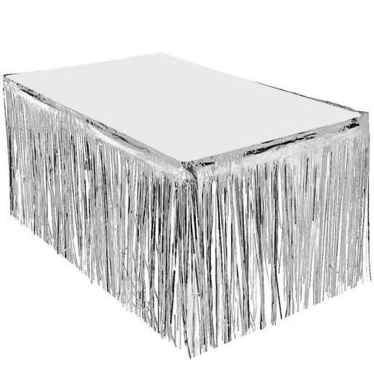 Püsküllü Işıltılı Metalize Gümüş Renk Masa Eteği 75 cm x 4 m (CLZ)