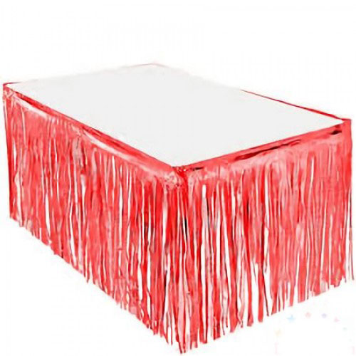Püsküllü Işıltılı Metalize Kırmızı Renk Masa Eteği 70x300 cm (CLZ)