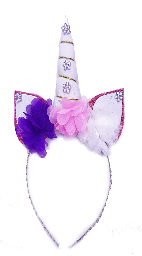 Rengarenk Çiçekli Beyaz Boynuzlu Tek Boynuz Unicorn Tacı (CLZ)
