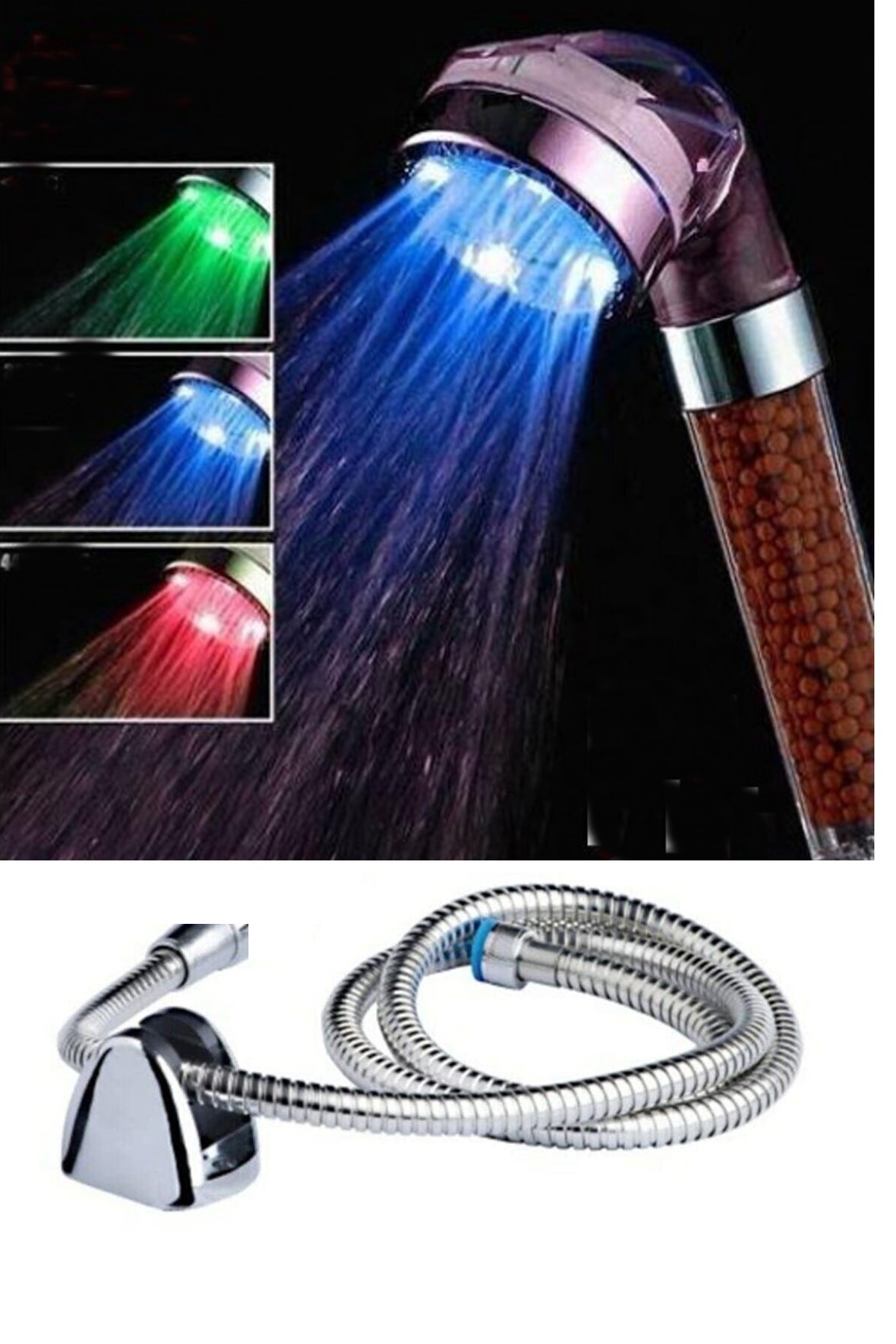 CLZ174 Renk Değiştiren Led Işıklı Duş Başlığı Seti- Hortum Askı Seti (Pilsiz- Elektriksiz)