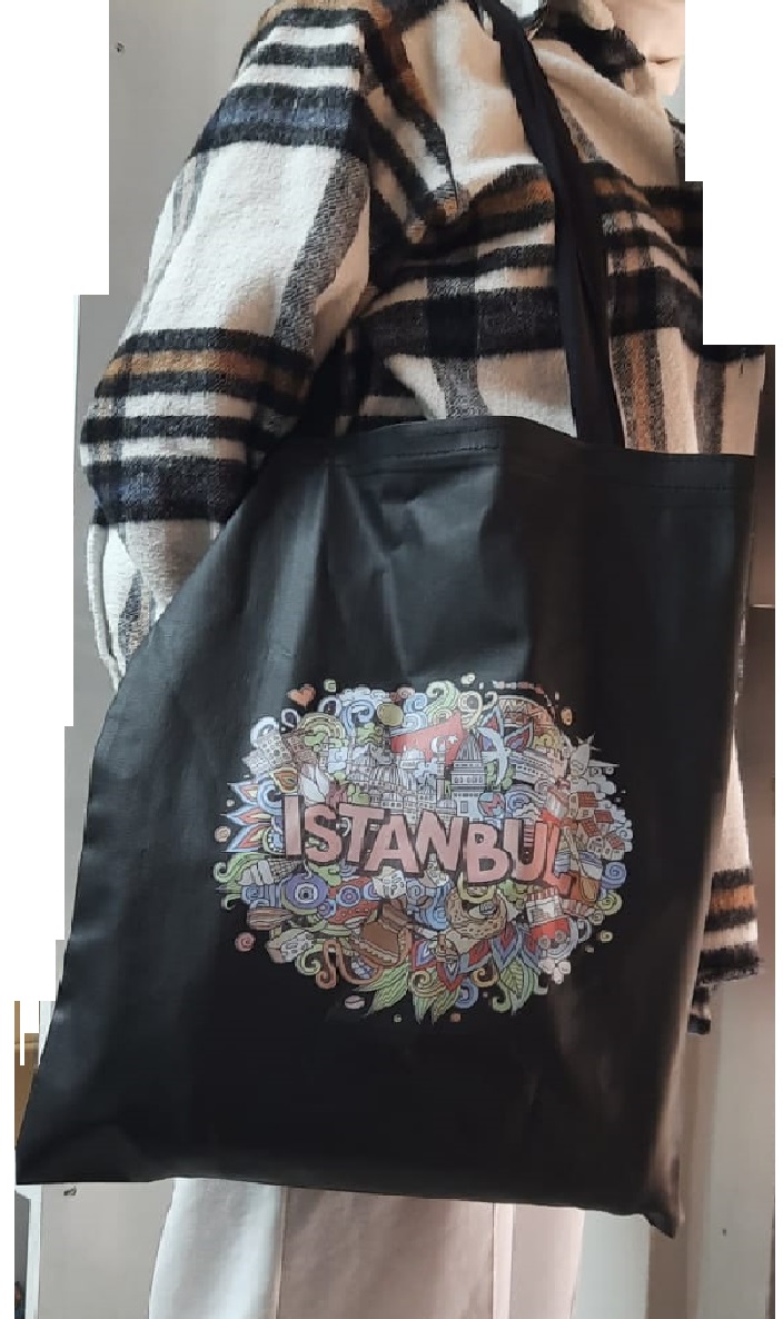 Renkli İstanbul Baskılı Bez Çanta - Pazar Market Çantası - Kitap Çantası Siyah  (CLZ)