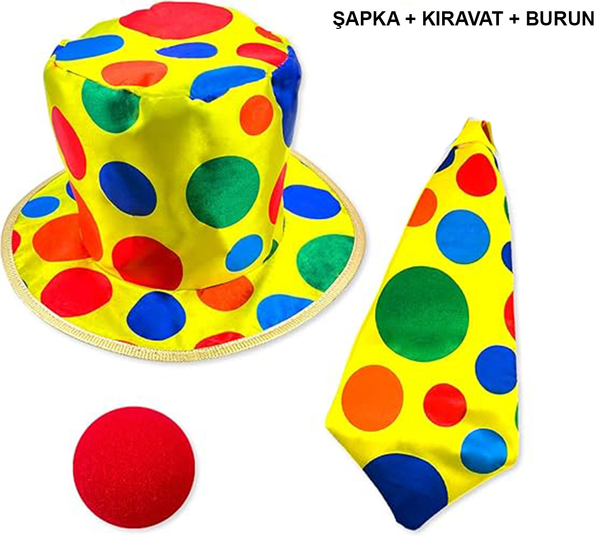 Renkli Palyaço Kostüm Seti – 3 Parça Aksesuar (Şapka, Kravat, B) Renkli Palyaço Kostüm Seti – 3 Parça Aksesuar (Şapka, Kravat, B)
