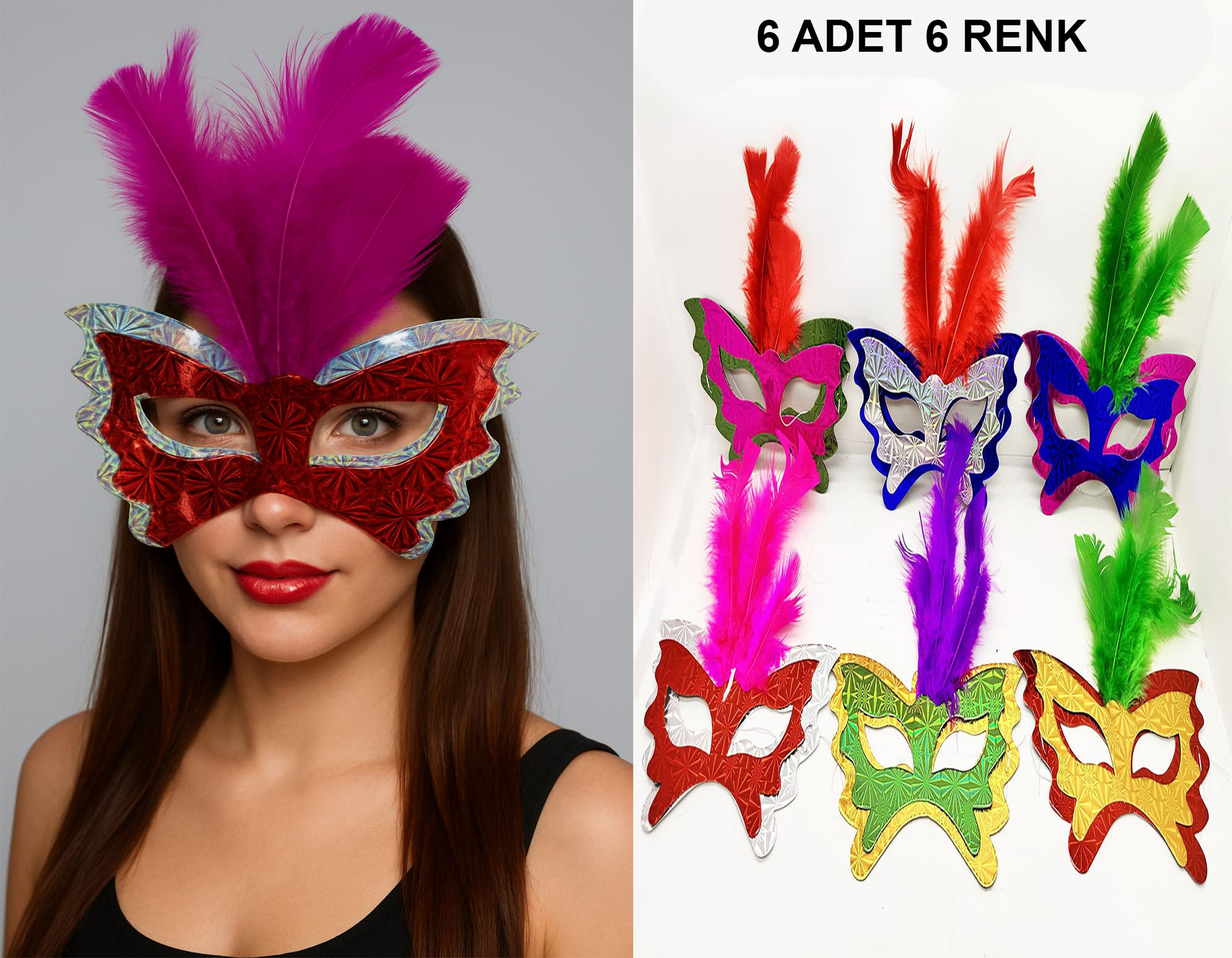 Renkli Parti Maskesi 6'lı | Tüylü Karton Maske Seti (Lastikli) Renkli Parti Maskesi 6'lı | Tüylü Karton Maske Seti (Lastikli)