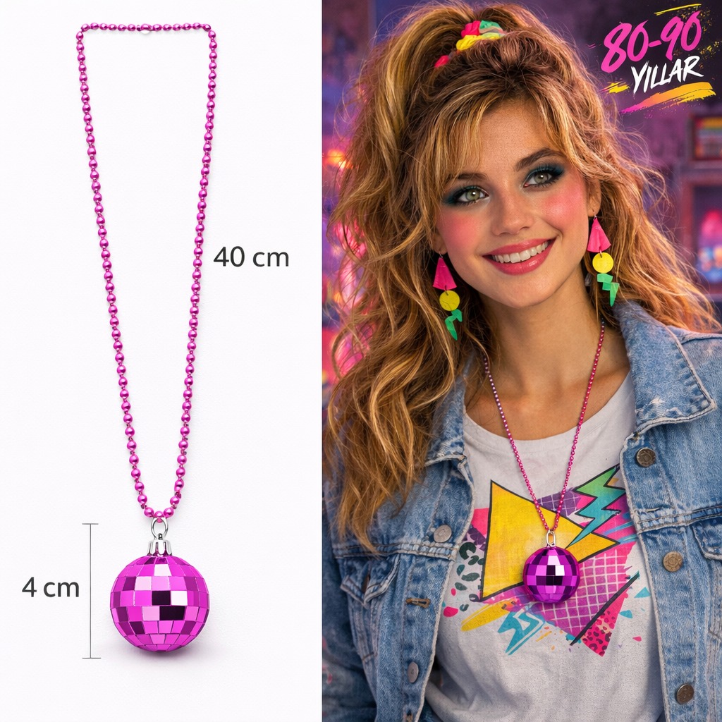 Retro Disko Topu Şekilli 80'ler 90'lar Fuşya Pembe Renk Plastik Kolye Retro Disko Topu Şekilli 80'ler 90'lar Fuşya Pembe Renk Plastik Kolye
