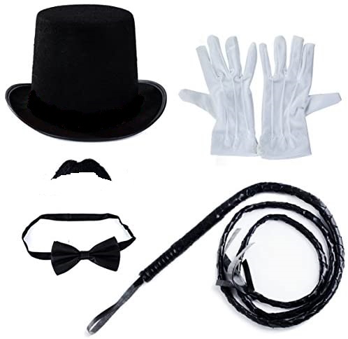 Ringmaster Siyah Sihirbaz Şapkası Kırbacı Eldiveni Papyonu ve Bıyık Kostüm Seti (CLZ)