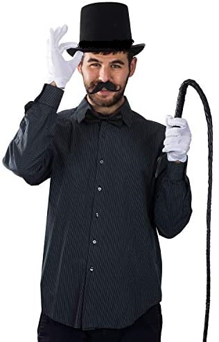 Ringmaster Siyah Sihirbaz Şapkası Kırbacı Eldiveni Papyonu ve Bıyık Kostüm Seti (CLZ)