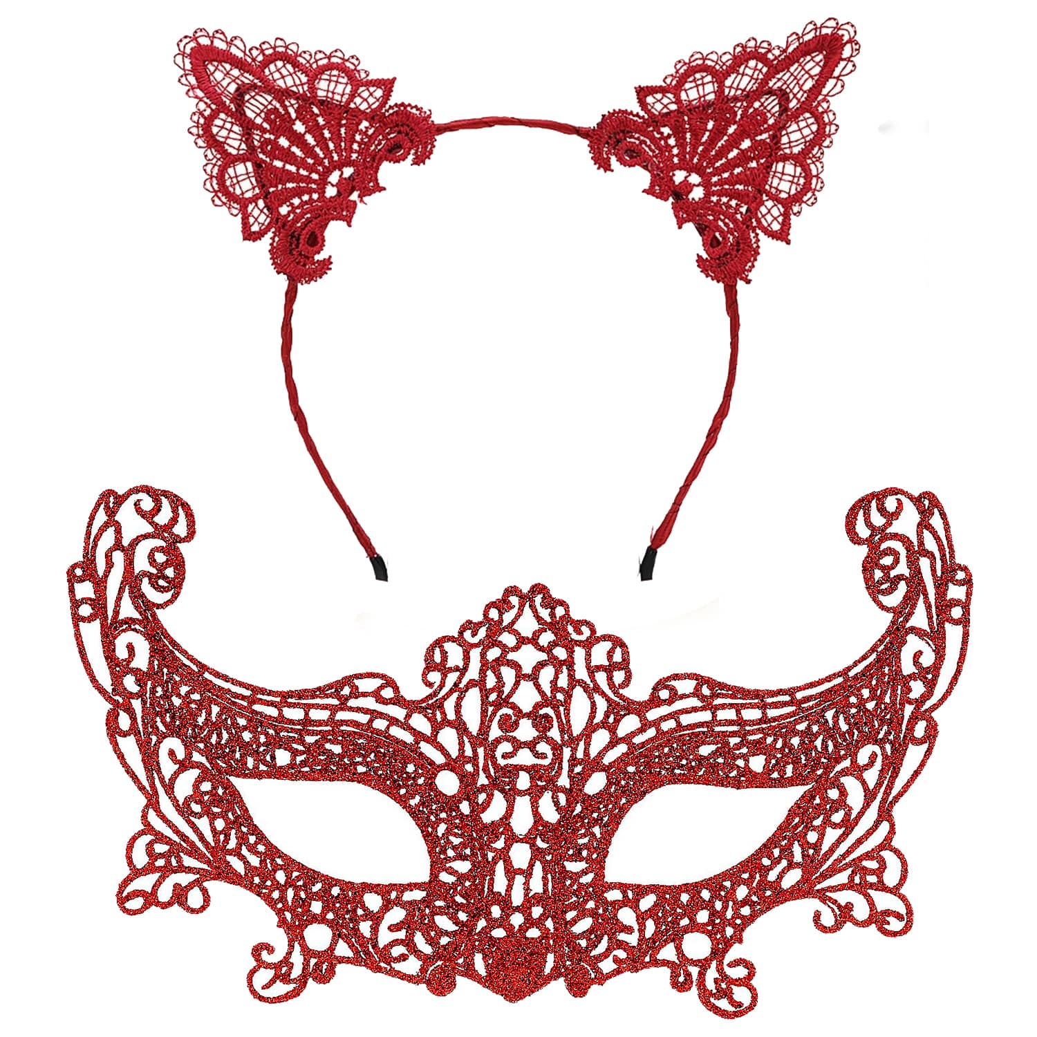 Romantik Kırmızı Dantel Maske Seti – Kedi Kulaklı Taç ve Maske 3 No Romantik Kırmızı Dantel Maske Seti – Kedi Kulaklı Taç ve Maske 3 No