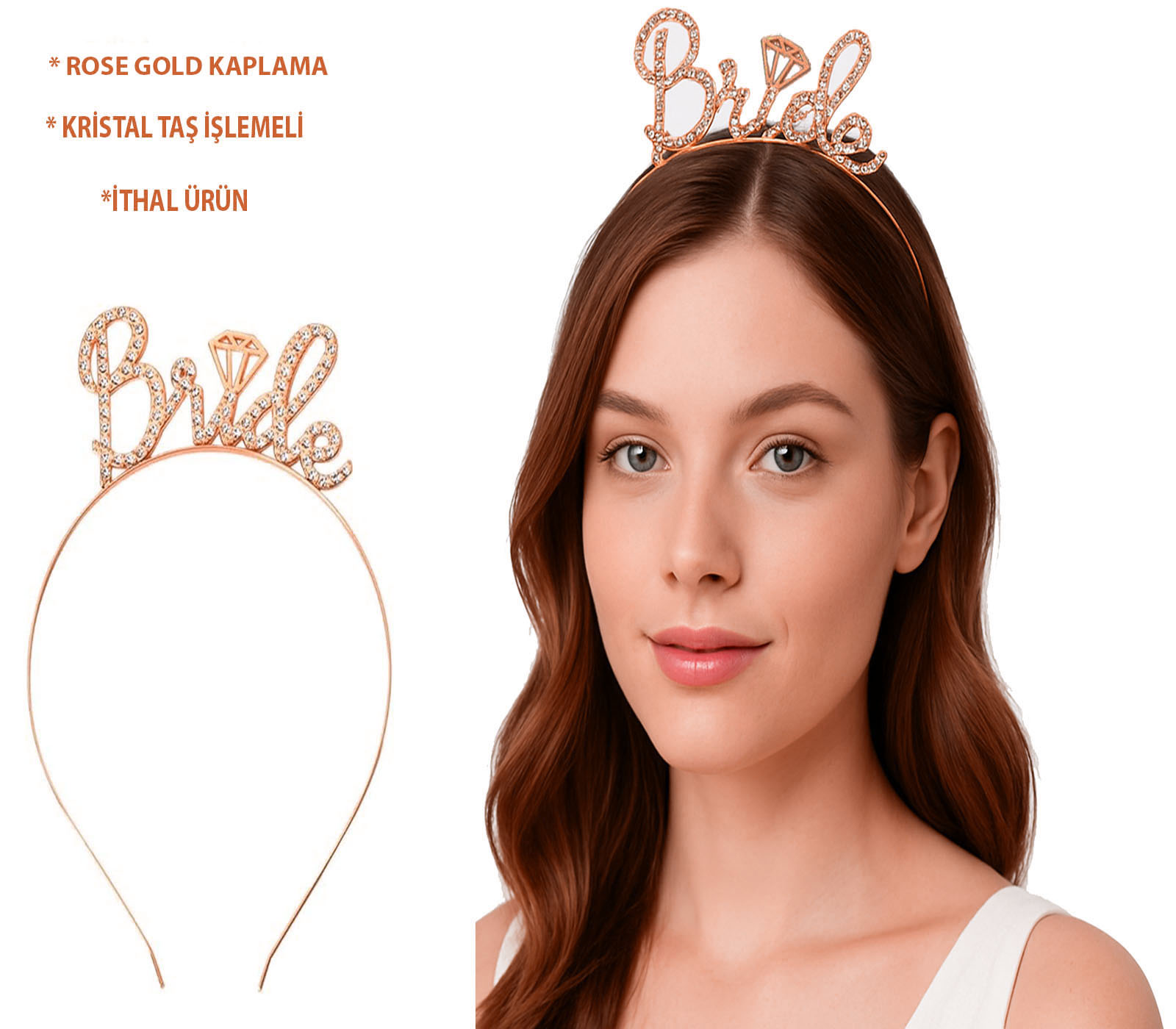 Rose Gold Renkli Taşlı “Bride” Gelin Tacı – El Yazısı Yazı Tipiyle Rose Gold Renkli Taşlı “Bride” Gelin Tacı – El Yazısı Yazı Tipiyle