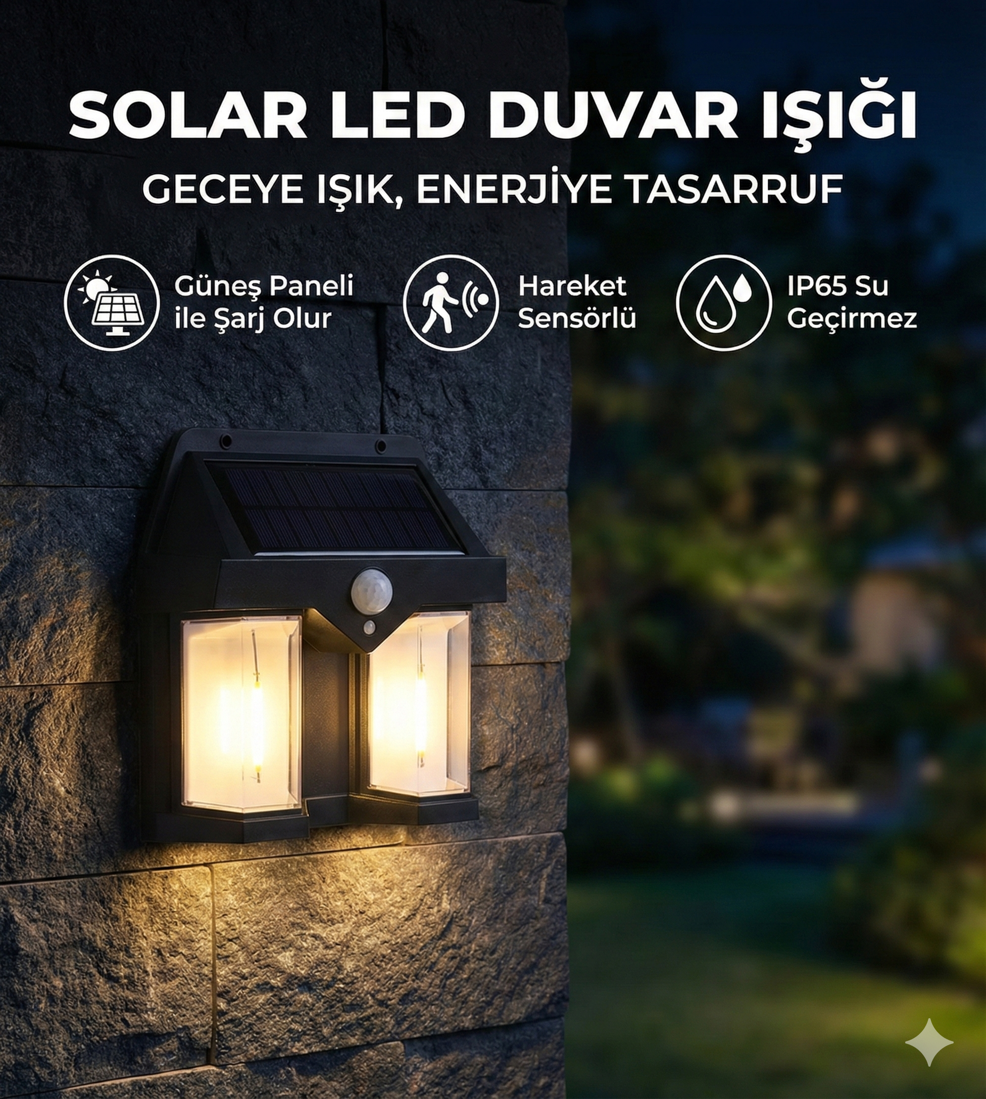 Rustik Ampul İkili Solar Duvar Aplik Güneş Enerjili Hareket Sensörlü