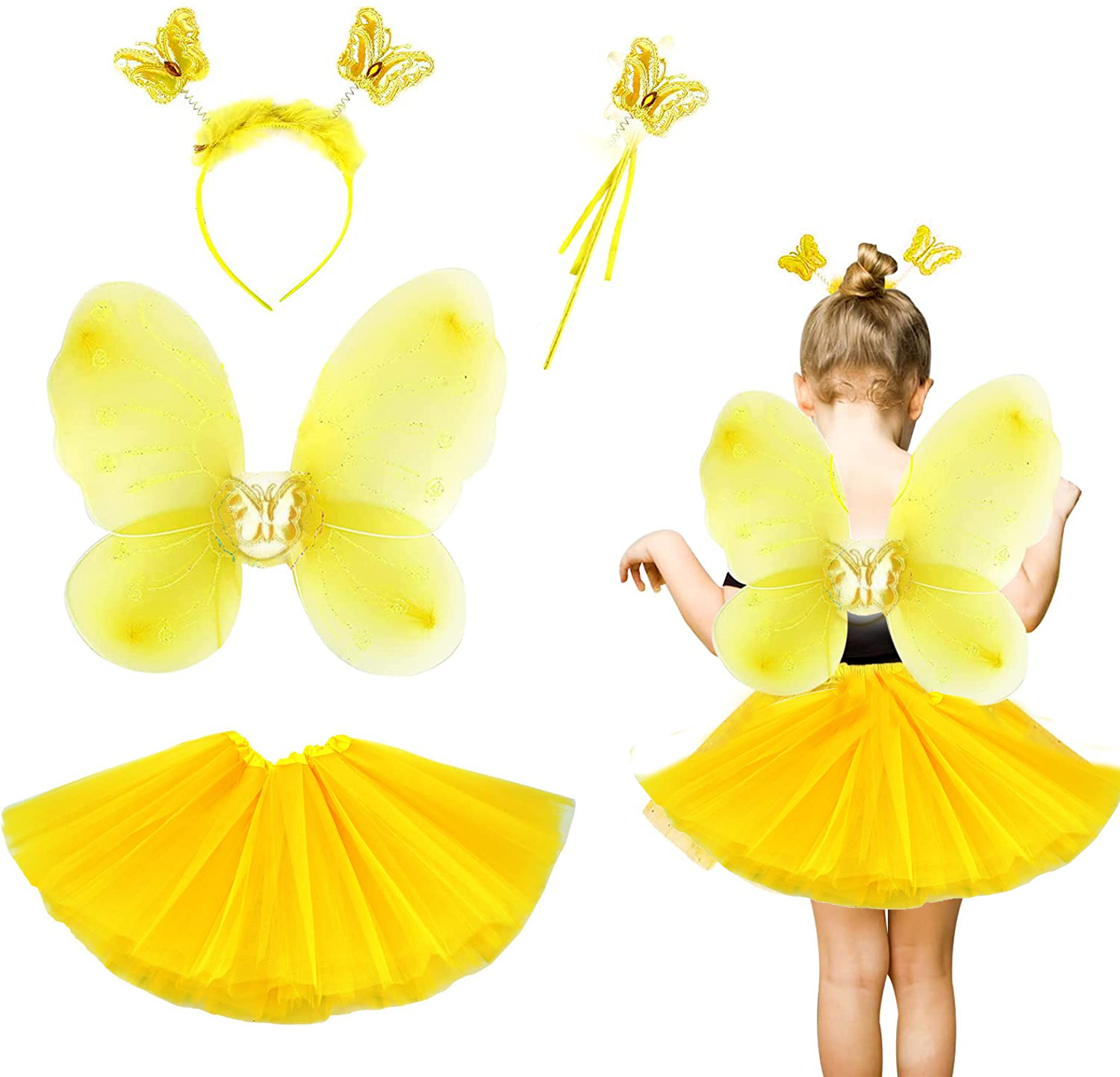 Sarı Kelebek Kostümü Çocuk - Sarı Kelebek Kostüm Aksesuar Seti 4 Parça (CLZ)