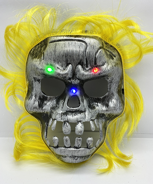 Sarı Saçlı Led Işıklı Kuru Kafa İskelet Korku Maskesi 22x25 cm (CLZ)