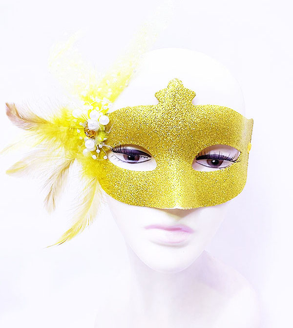 Sim İşlemeli İnci Boncuk Detaylı Tüylü Balo Maskesi Altın Renk 13x18 cm (CLZ)