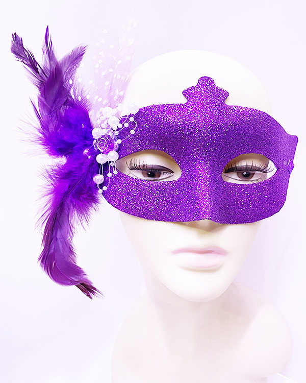 Sim İşlemeli İnci Boncuk Detaylı Tüylü Balo Maskesi Mor Renk 13x18 cm (CLZ)